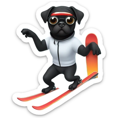Black pug with a curly tail and goggles skiing on a snowy mountain sticker