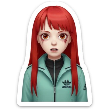 Crie um emoji de uma menina zumbi  com o cabelo vermelho longo com uma franja reta casaco de gola alta da adidas sticker