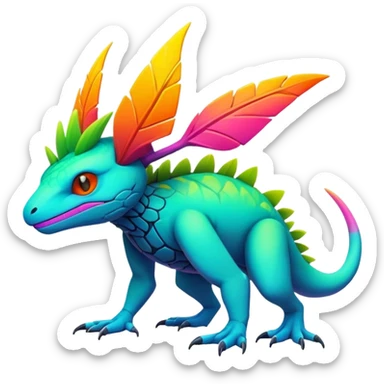 Tropical lush warm-colored modern colorful neon-colored cyber-Fakémon-Trico-creature sticker