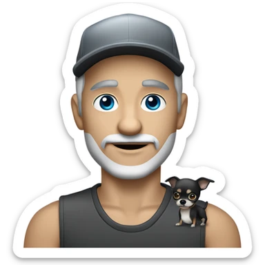 blue eyed man, with grey hair,  grey goatee, wearing ball cap, holding ‘a black long hair chihuahua’ sticker