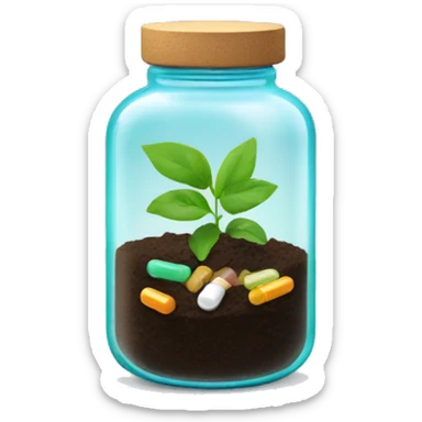 Glass jar with plant and pills as soil sticker