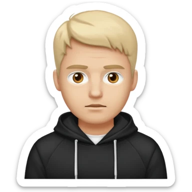 Crea un hombre alto, blanco, rubio, con ojos café claro, con músculos, camisa blanca con una sudadera negra, alto y guapo sticker