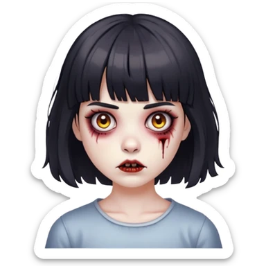 faça uma menina zumbi de cabelo curto ondulado e franja lisa, a franja também é meio curta, cabelo preto  sticker