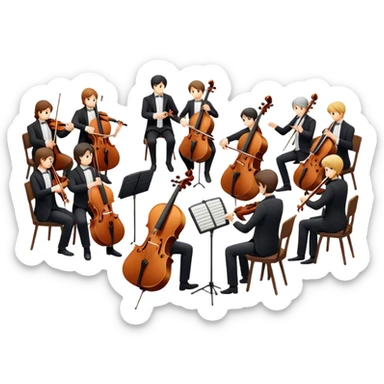 Icon for Classical Music: chamber orchestra with 4-5 musicians playing string instruments (violins, violas, cellos) and a conductor leading the ensemble. The intimate, refined atmosphere. Transparent background. sticker