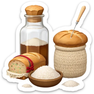 a one victorian bottle of salt and a loaf of bread - a bread bag, crochet needles and a ball of wool sticker