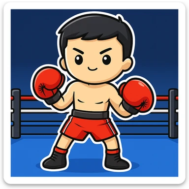 Add a boxing ring background to the boy with boxing gloves in sticker style, cartoonish and bold with clear outlines and vibrant colors. sticker