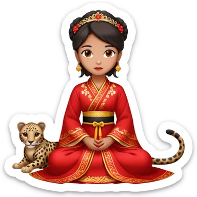 A beautiful girl in red Hanfu wedding dress sits on the ground holding a black leopard sticker