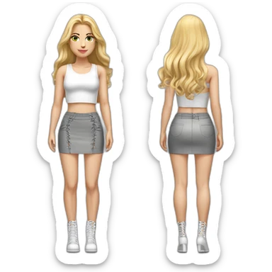 hyperrealistic caucasian female, long straight blonde hair, white lace up crop top, grey mini tight skirt, body view sticker