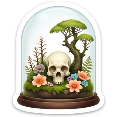 Mystical woodland glass-dome-terrarium-globe with moss and an animal-cadaver-skull and flowers inside  sticker
