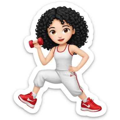 generate a pretty bratz fair skinned girl with curly black hair wearing a white gym set and excersing with red shoes on sticker