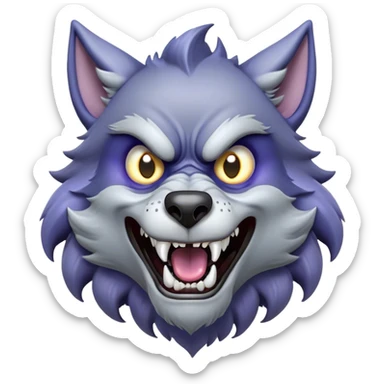 Cinematic Comical Werewolf Portrait Emoji, with a whimsically exaggerated lupine face in vivid moonlit grays and silvers, head cocked in a dramatically shocked expression with comically oversized, wide eyes and a playful snarl, simplified yet hilariously expressive, highly detailed with a soft cartoonish glowing outline capturing the mischievous humor of a werewolf mid-transformation! sticker
