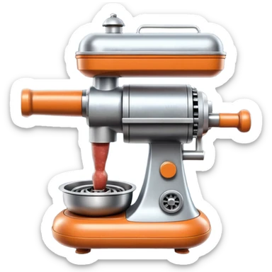 sausage-processing droid. retro-futuristic style. top is a circular industrial meat grinder with rotating gears and blades. Two robotic arms feed material into grinder. Sausage links extrude from the rear like  factory. The body is metallic, compact, and floats above the ground.no legs. Dark humor sticker