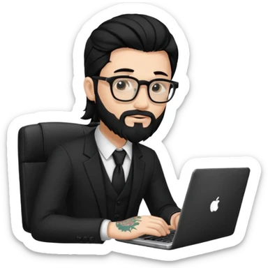 a young man with long black hair, with formal cloth, beard, wearing glasses sitting with a laptop, tattoo inyout arms sticker