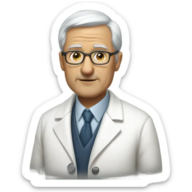 "An older man with thin, neatly combed gray hair, a sharp nose, and a cold, analytical look. He wears a pristine white coat, thin glasses, and carries a stethoscope." sticker