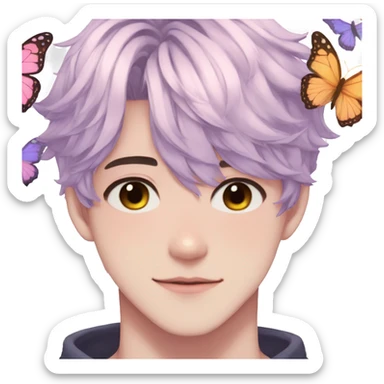 Gorgeous pastel anime style guy with blushing face and butterflies aesthetic trending style sticker