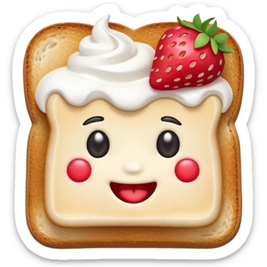 emoji illustration of a square toast topped with fluffy white cream, decorated with a strawberry bow made from two strawberry halves and a small sliced center, bright red and glossy, Clean soft shading, kawaii emoji style, centered object, no plate, no background, high detail, pastel tone sticker