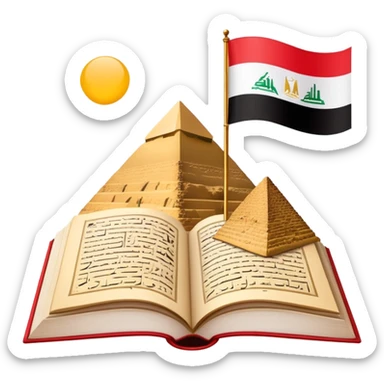 An icon featuring the Pyramids of Giza and the big flag of an Arabic-speaking country, symbolizing the Arabic language. The design includes an open book with Arabic script and calligraphy, representing language learning and cultural heritage. Transparent background sticker