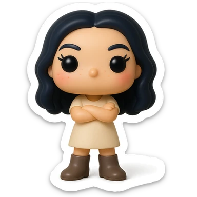 Enhance the Funko Pop style vinyl figure with superior quality, smooth tanned skin, detailed dark hair, textured feminine cream dress, greige leather boots clearly visible, arms crossed pose, rosy cheeks, very discreet freckles, eyelashes, mischievous and cheerful expression, no mouth, transparent background. sticker