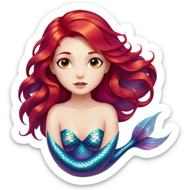 Cinematic Realistic Red Hair Mermaid Portrait, depicted with lifelike porcelain white skin that glows with an ethereal radiance, enhanced by soft underwater lighting. Her intricately detailed, flowing red hair cascades like liquid fire, framing deep, soulful eyes that mirror the mysteries of the deep sea. Accented by shimmering, iridescent scales and delicate aquatic embellishments, the portrait features an enchanting underwater glow that marries realism with mythic ocean elegance. sticker