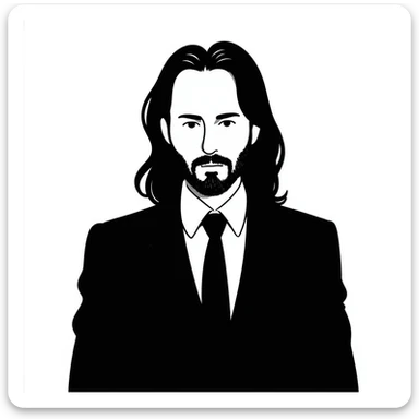 John Wick character in pencil sketch style, wearing a black suit with long dark hair and beard sticker