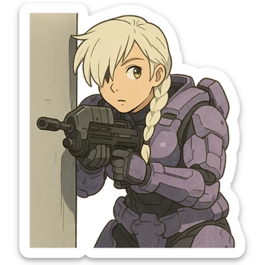 female, wearing reach spartan armor shoulder-unequip, long white braid hair with massive messy front side single bangs, gold yellow eyes, attention pose, HALO:series, no helmet, the armor is lavender color scheme, shoulder pad off. DDD bust size fitting. , peeking around a corner while aiming a classic HALO1 AR, tactical, lean sticker