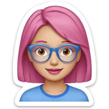 A girl with peach skin, brown eyes, blue glasses, pink lips, and light brown hair. sticker