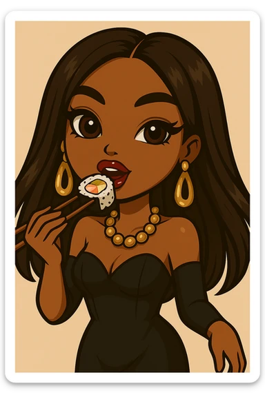 Change the pose to a 20-year-old anime Bratz style woman with dark skin, straight hair, trendy outfit, big expressive eyes, glossy lips, no hat, no tears, happy expression, both eyes open, looking straight ahead, eating a California roll with chopsticks, headshot only. sticker
