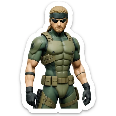 Cinematic Realistic Metal Gear Solid Snake Soldier Portrait, captured in a dynamic, battle-ready stance, muscles defined beneath intricately detailed combat gear in consistent muted greens, browns, and blacks. His determined eyes and rugged features, rendered with dramatic natural lighting and high shine, exude raw, unyielding power, epitomizing the fierce, relentless spirit of a covert operative in the midst of action. sticker