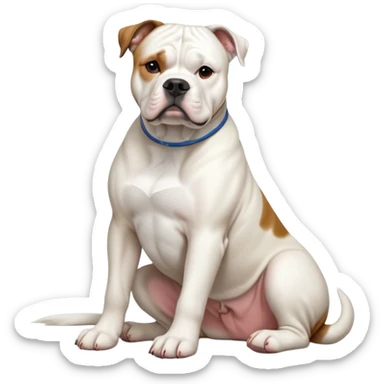 cinematic-[american bulldog]-realistic-full-body-sitting-emoji,-tail-resting-loosely-beside-its-paws,-head-tilted-dramatically,-sleek-[solid white]-fur,-simplified-yet-realistic-focused-features,-highly-detailed,-glowing-with-an-almost-sarcastic-glow sticker