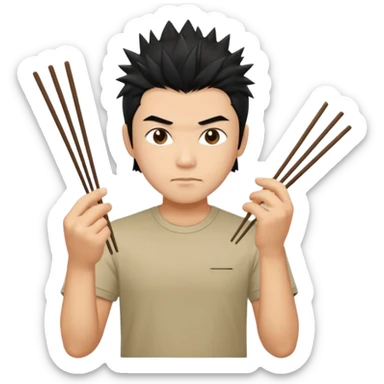 Make it a vietnamese male with spiky black hair holding only ONE pair of chopsticks, t-shirt sticker