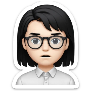 A boy with white skin, very black hair, type of cut: a big mullet, black eyes, black square glasses, white blouse and piercing in the mouth sticker