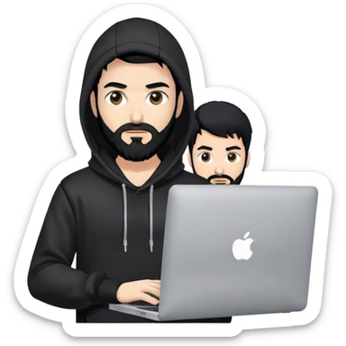 hackeur blanc cheveux noir barbe et capuche noir avec un macbook sticker