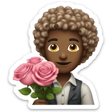White man with curly hair carrying a bouquet of roses sticker