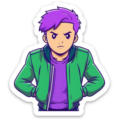 Fashionable man with purple hair and green jacket, bold expression, powerful pose inspired by Thanos sticker