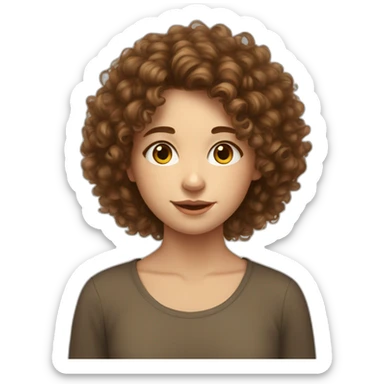 European teenage girl with brown fluffy curly hair draws a picture sticker