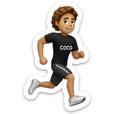 white person running with a black tshirt ans the word COCO in white sticker