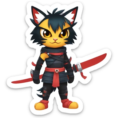 Edgy Shiny Anthro Samurai cool pretty dark Litten-Pokémon-cat-fursona-animal techwear Bandages gloves socks sticker