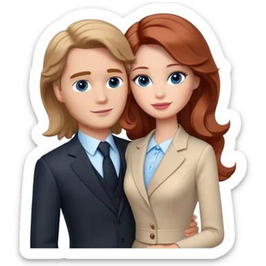 Barbie girl  , eyes blue , Chestnut red long wavy hair In pale beige clothes, Hugs a man with pale brown hair short haircut, brown eyes , and a black suit sticker