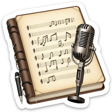 Create an emoji representing songwriting. The design should feature an open notebook or sheet music with visible lyrics between the musical notes, symbolizing the process of writing song lyrics. The text between the notes should be clearly visible. A pen or pencil should be placed near the notebook, indicating active writing. Optionally, include a single vintage microphone lying beside the notebook (not on the music notes) to add a creative touch. Use a harmonious color palette with warm and neutral tones. Do not include any emojis or smiley faces. Make the background transparent. sticker