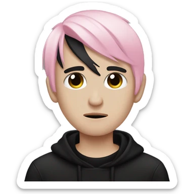 Create an emoji of an emo guy with split-dyed hair (one side pastel pink, the other side black), wearing black clothes and a subtle sad expression, inspired by the style of Lil Peep. sticker
