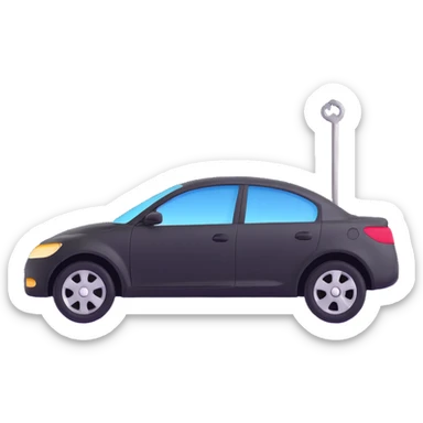 matte black minimalist car icon with a subtle rod or hook tool touching a visible dent, fine silver lines for contrast, simple and clean, focus on the dent repair sticker