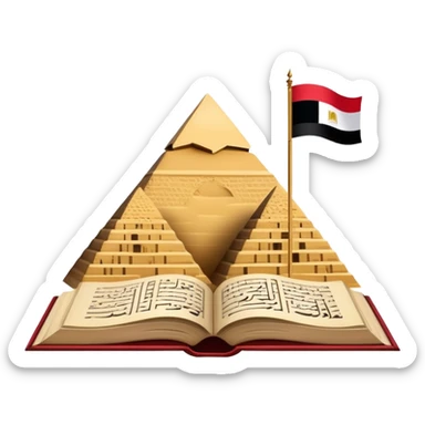 An icon featuring the Pyramids of Giza and the flag of an Arabic-speaking country, symbolizing the Arabic language. The design includes an open book with Arabic script and calligraphy, representing language learning and cultural heritage. Transparent background sticker