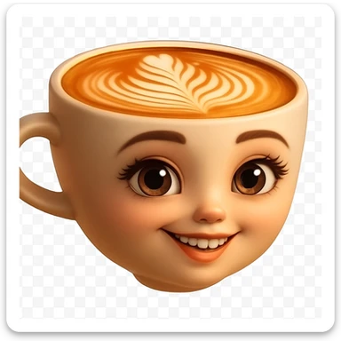 Edita la imagen para que el personaje de la taza de café  MANTENGA exactamente su estilo original,  y colores según la imagen de referencia. ELIMINA FONDO PARA QUE QUEDE TIPO EMOJI NO DBE TENER CUELLO. sticker