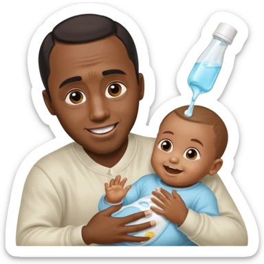 Sean “Diddy” Combs with baby oil and a very small infant and he’s pouring the baby oil on the baby and they have a scared face they’re really scared while diddy is happy sticker