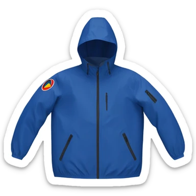 a waterproof K-Way jacket totally in blue royal marine color with hood and the central zip colored with this exact colors hex codes: #1C2747 #EC6E05 #F6DF12, just the object itself sticker