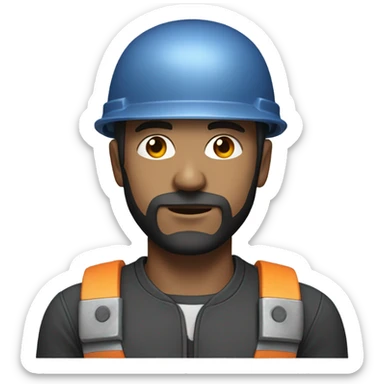 half cyborg face half human with short straight, dark hair, hardhat, and a neatly trimmed beard sticker