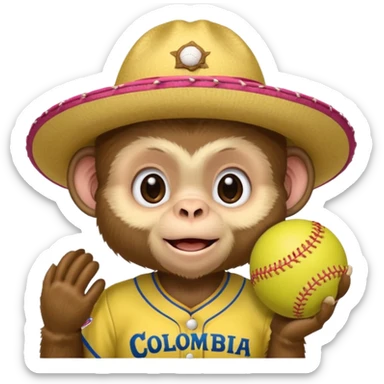 Crear una mascota que sea un mono capuchino sobre el cual predomine el color café, cara clara y expresiva, alegre, atlético, que lleve uniforme de softbol que diga Colombia, con un sombrero vueltiao' un poco inclinado que se vea personalizado con el nombre YAIFER sticker
