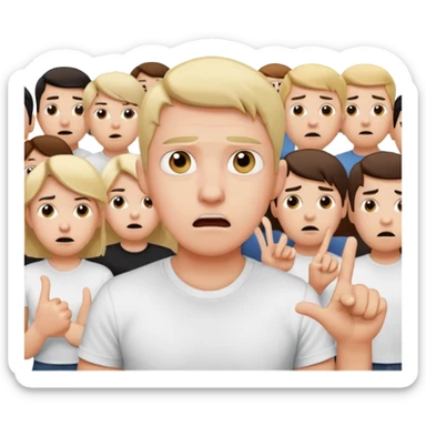 A person in the front row feeling scared, with the audience behind them POINTING FINGER. sticker