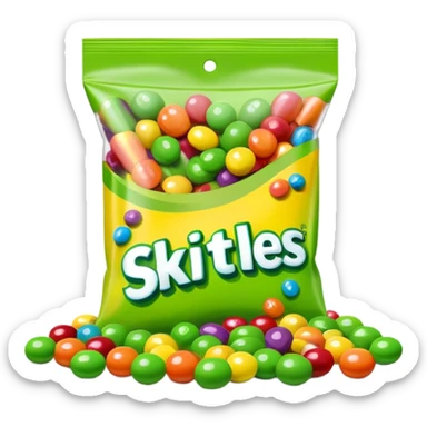 Skittles candy package with green candies spilling out, minimalist sticker