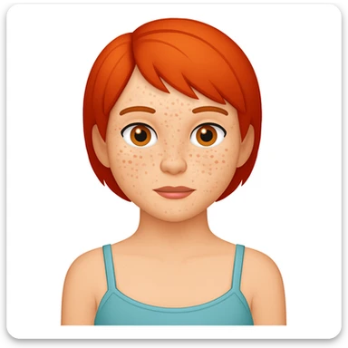 Add freckles to the girl's face, keep short red hair and flat chest, in a general emoji style illustration. sticker